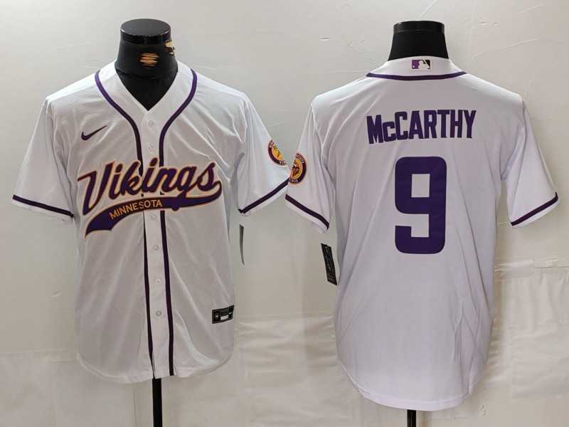 Mens Minnesota Vikings #9 JJ McCarthy White Cool Base Stitched Baseball Jersey